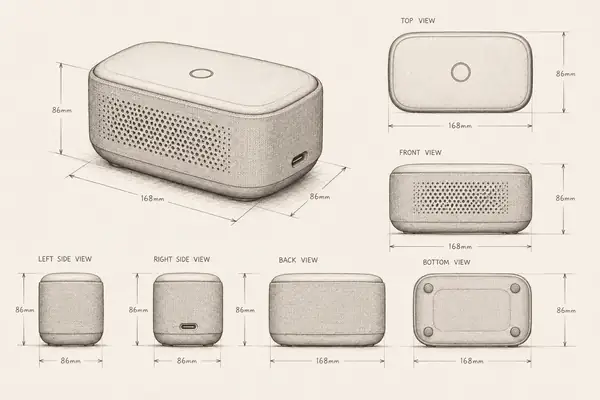 Dimensioned sketches of a compact speaker