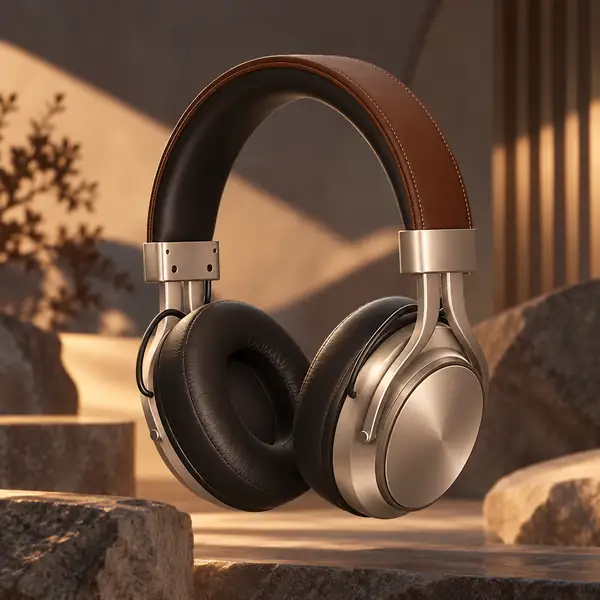 Finished three-dimensional headphones with a leather headband and metallic earcups
