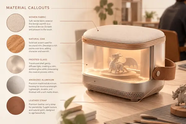 Material callouts and views of a compact product concept